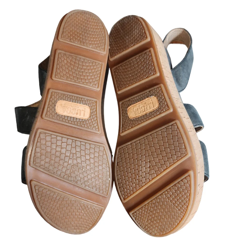 Lucca Lane Olympia Metallic‎ Gray Leather Cork Platform Sandals Size 7.5